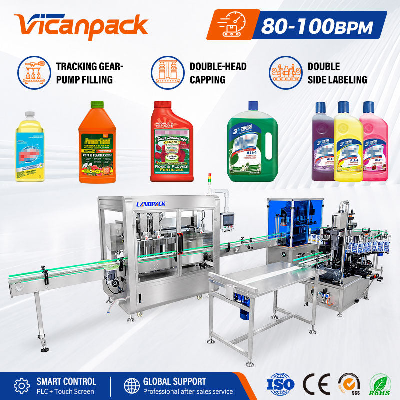 Automatic Chemical Liquid Bottle Filling Capping Labeling Shrink Wrapping Line