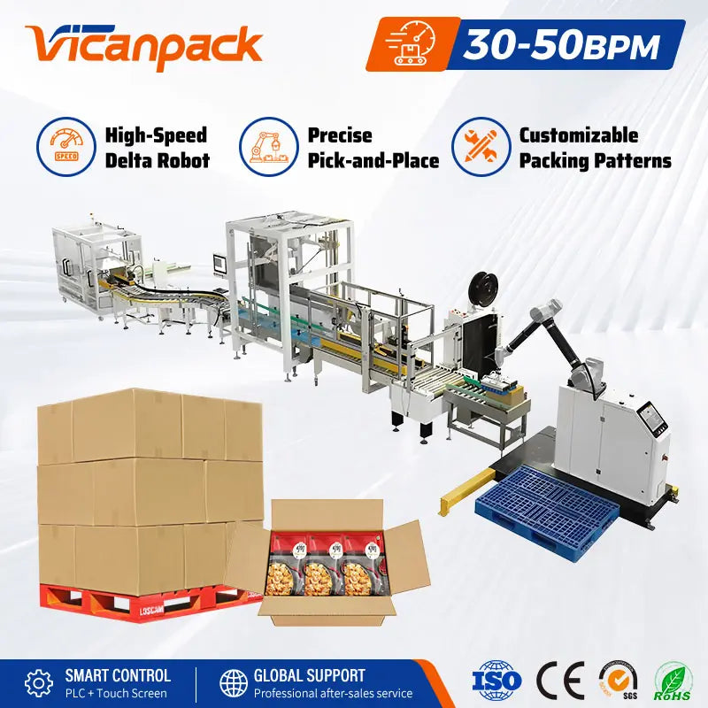 Automatic Case Packing System with Delta Robot Case Packer, Carton Sealer and Robot Palletizer