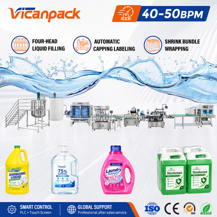 Automatic Chemical Liquid Bottle Filling Capping Labeling Shrink Wrapping Line